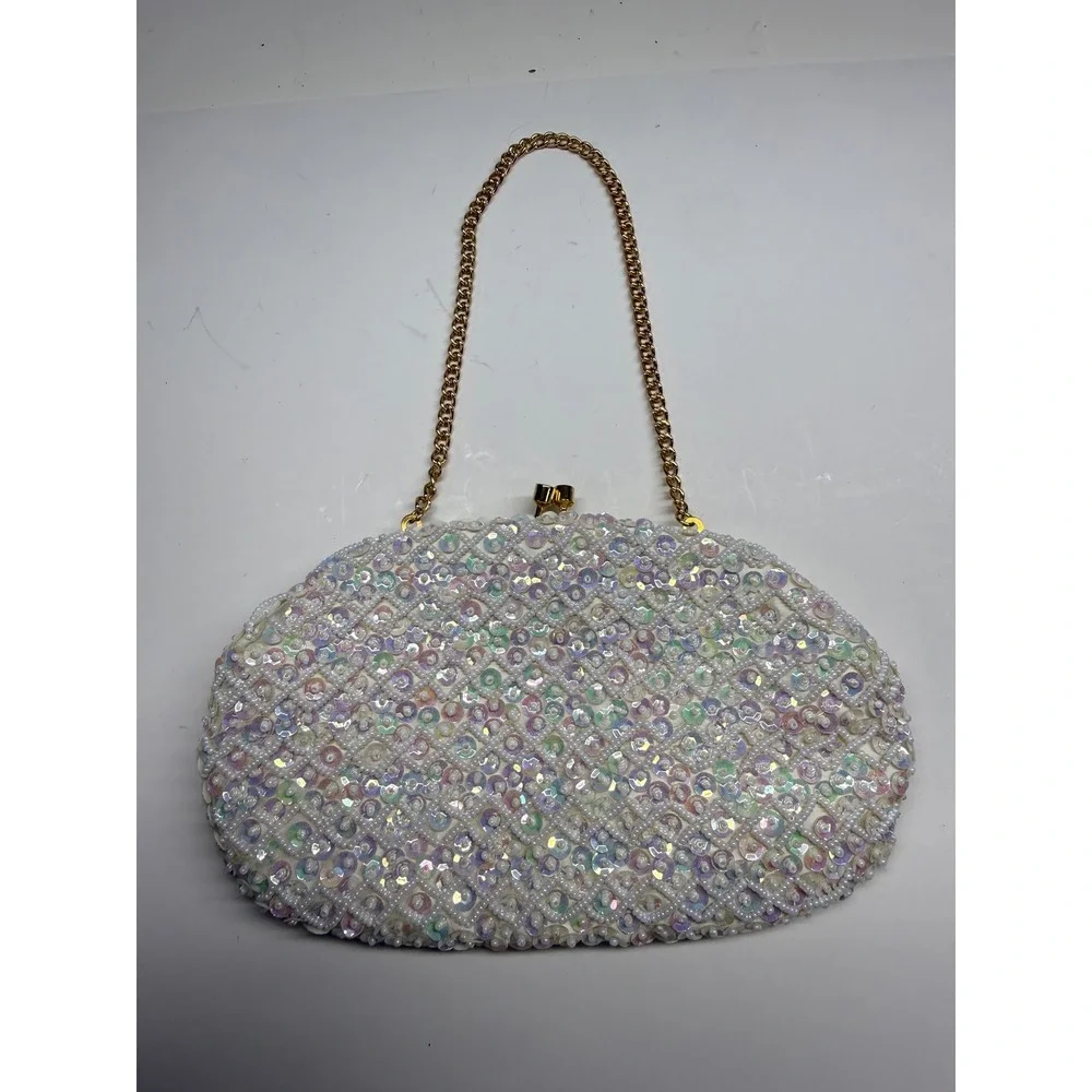 Vintage 1960s La Regale Iridescent Sequin Beaded Bridal Clutch Purse. Perf cond